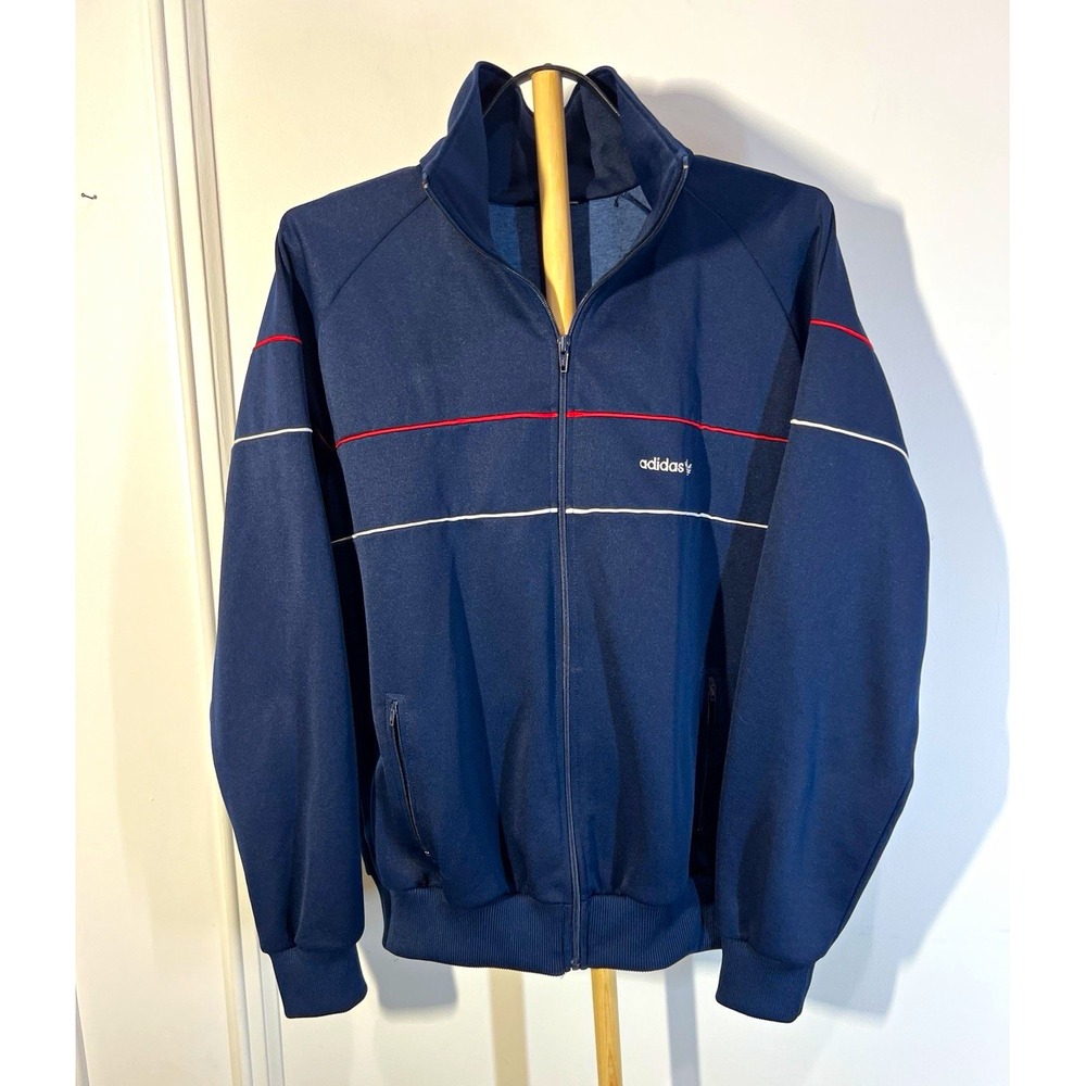 Vintage adidas Track Jacket Mens Navy Blue Red White Piping Trefoil Full Zip L